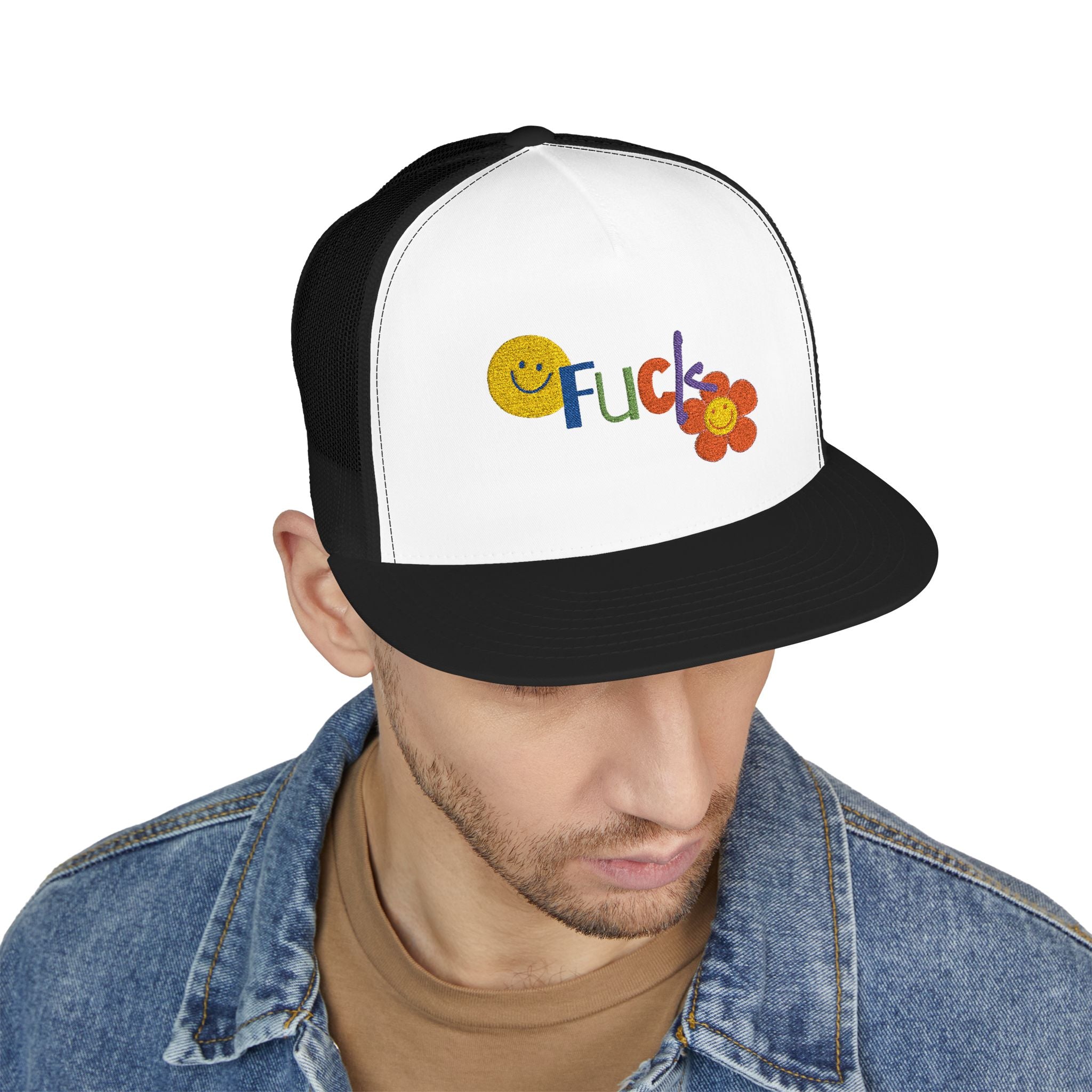 5 Panel Trucker Cap with 'We're Fucked' Embroidery, Retro Style Hat for Casual Wear, Trucking Gifts, Humorous Caps, Funny Accessory Snapback Trucker Cap – Embroidered Queer Streetwear Hat