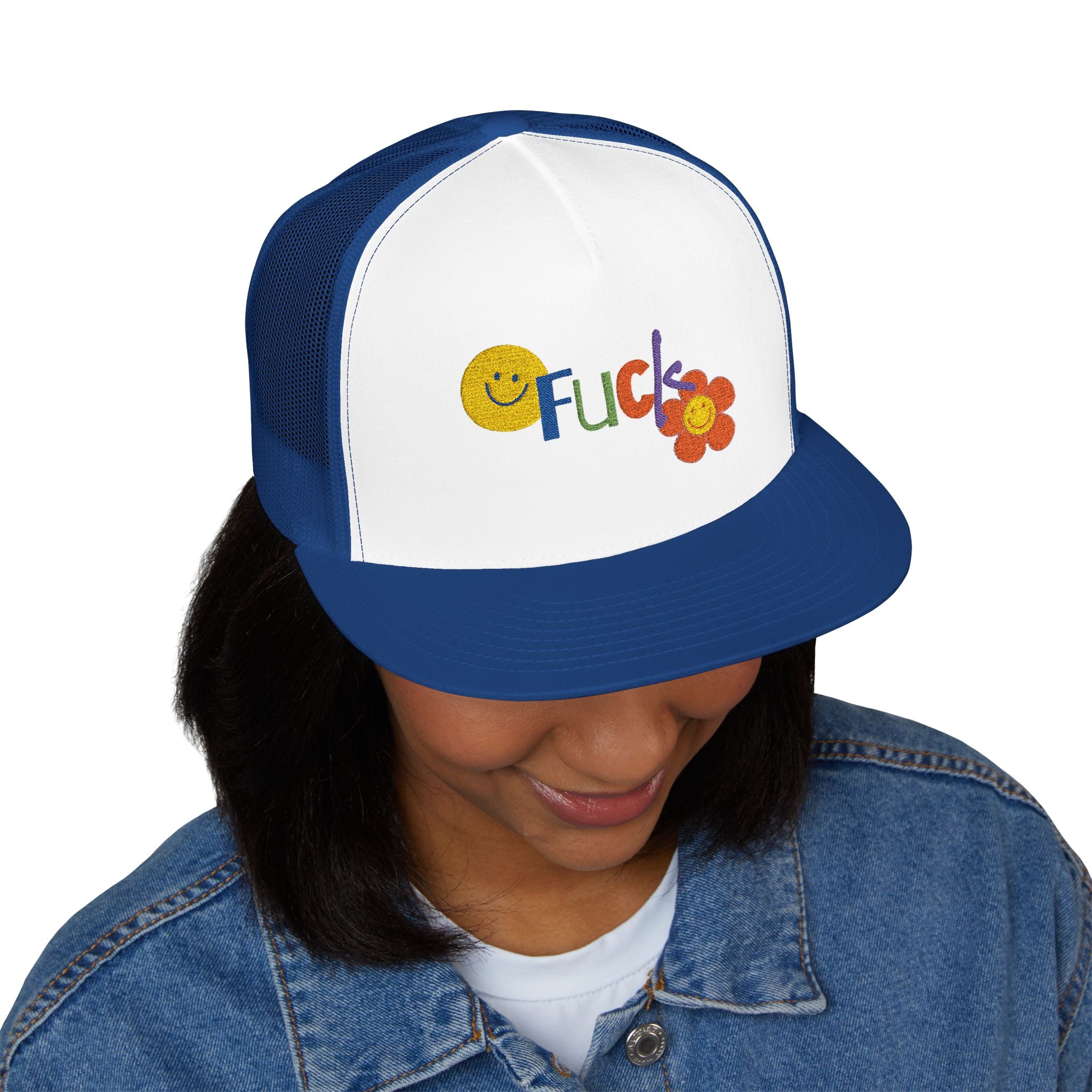 5 Panel Trucker Cap with 'We're Fucked' Embroidery, Retro Style Hat for Casual Wear, Trucking Gifts, Humorous Caps, Funny Accessory Snapback Trucker Cap – Embroidered Queer Streetwear Hat