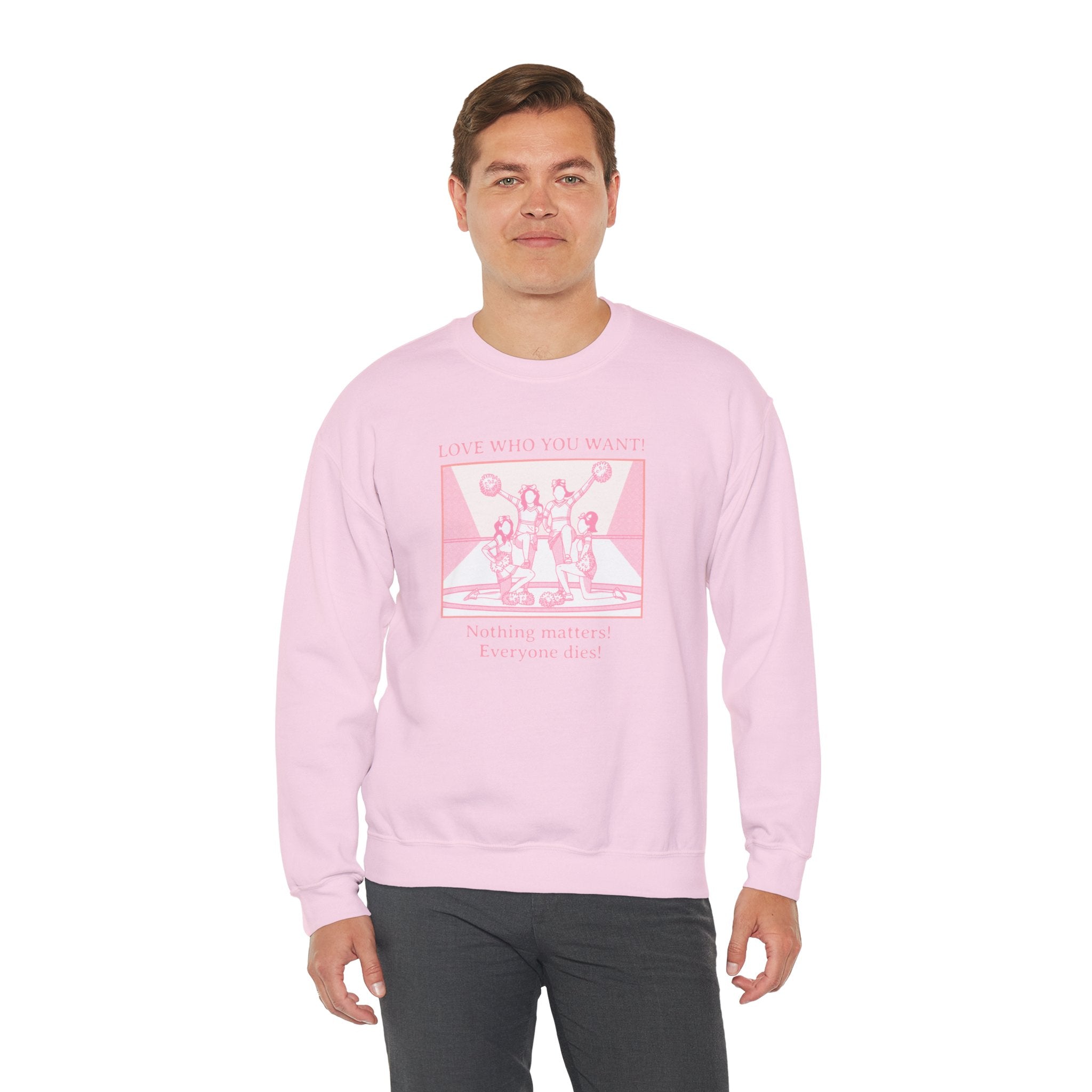 Graphic Sweatshirt Love Who You Want Dark Humor Marriage Equality Quote Crewneck Sweatshirt – Queer Streetwear Cozy Essential