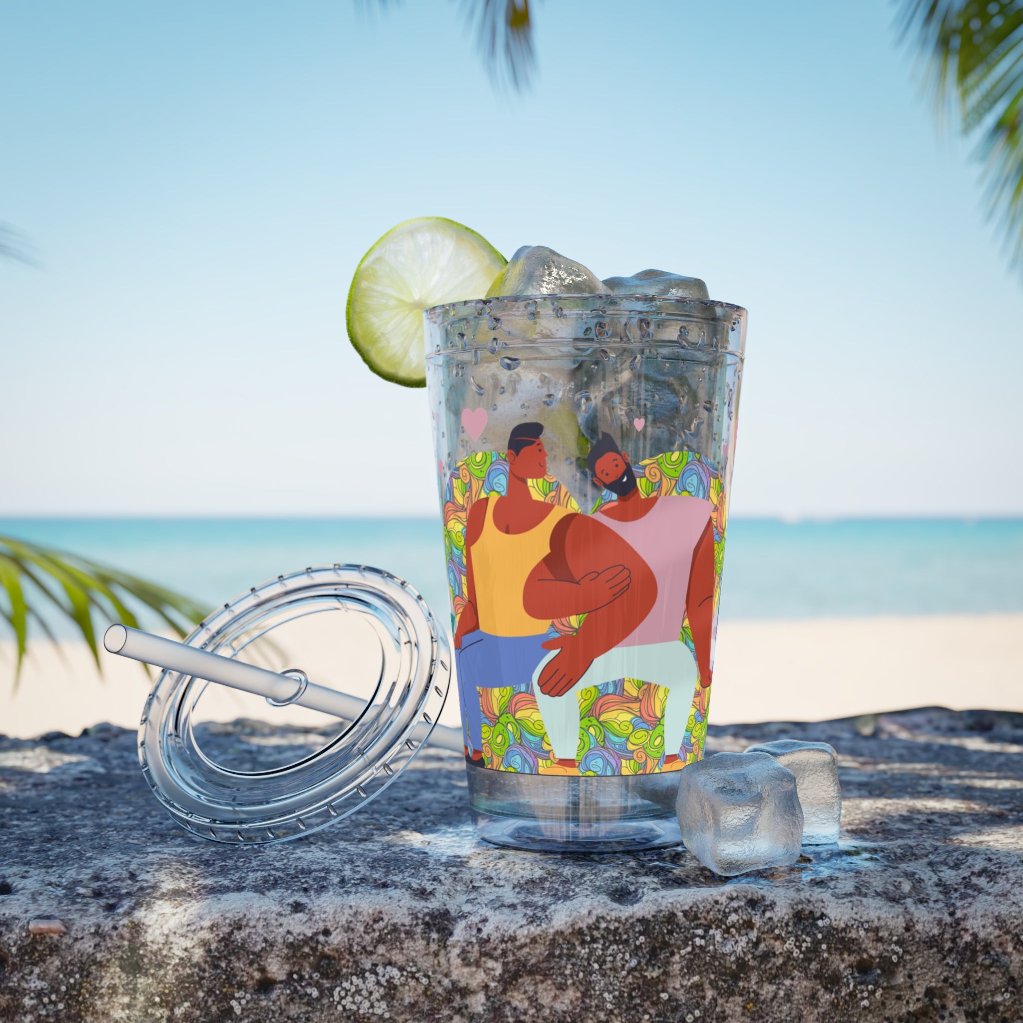 Sunsplash Tumbler, Colorful Couples Drinkware, Cute Travel Mug, Love Glassware – Bold Queer Streetwear Drinkware