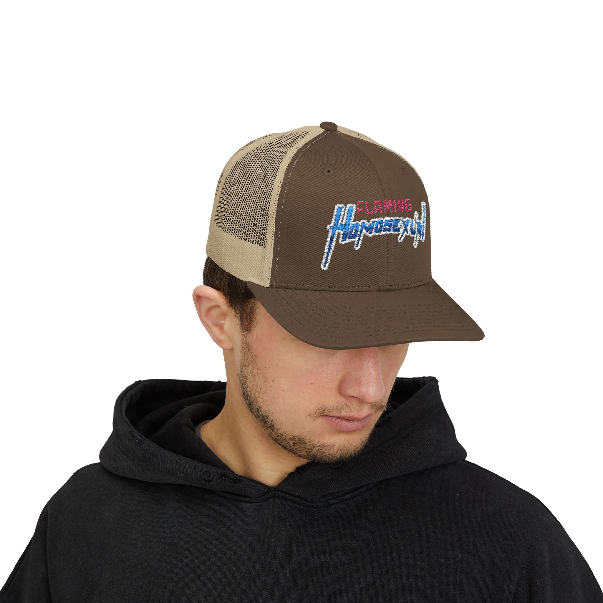 "Flaming Homosexual" Pride Embroidered Trucker Cap Snapback Trucker Cap – Embroidered Queer Streetwear Hat