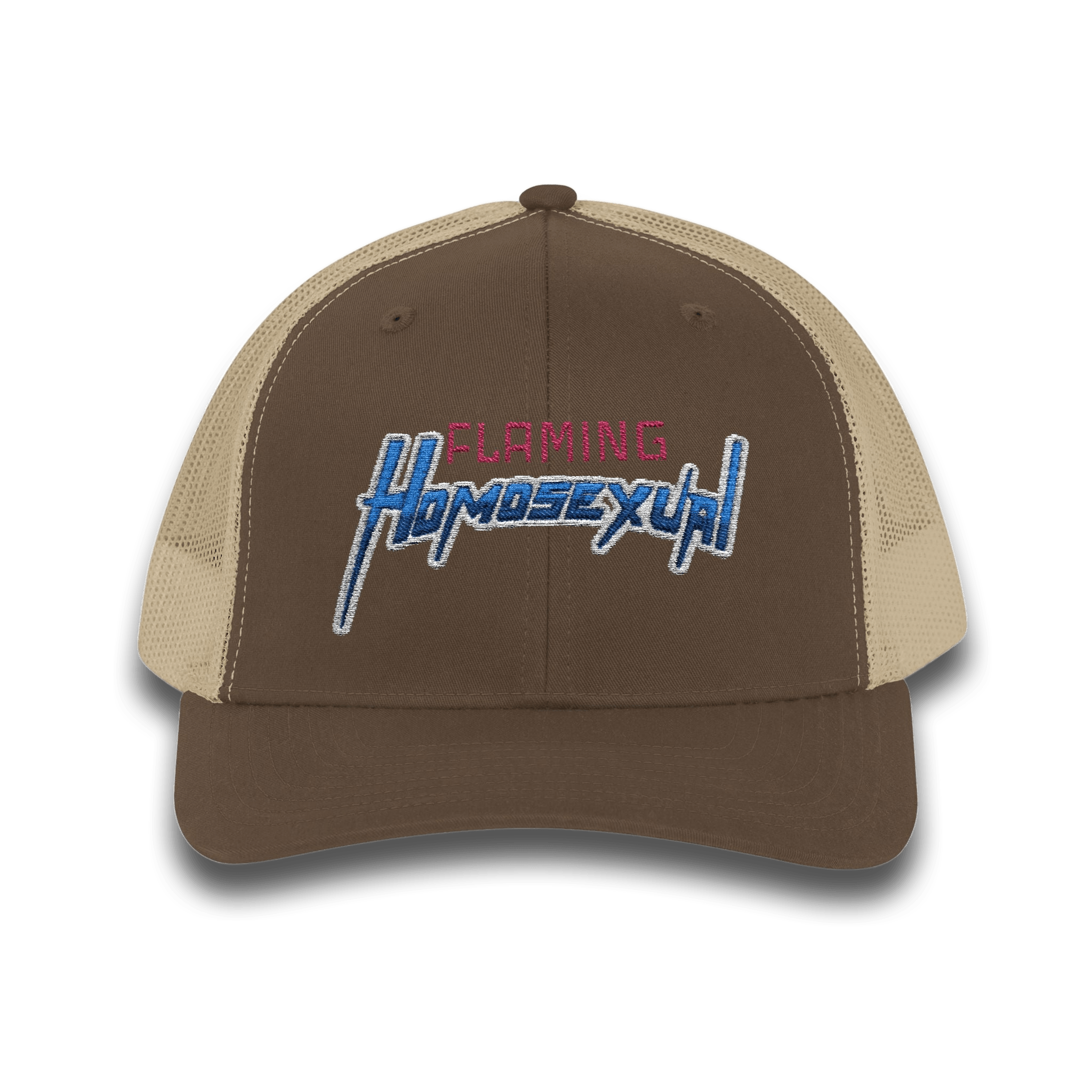 "Flaming Homosexual" Pride Embroidered Trucker Cap Snapback Trucker Cap – Embroidered Queer Streetwear Hat