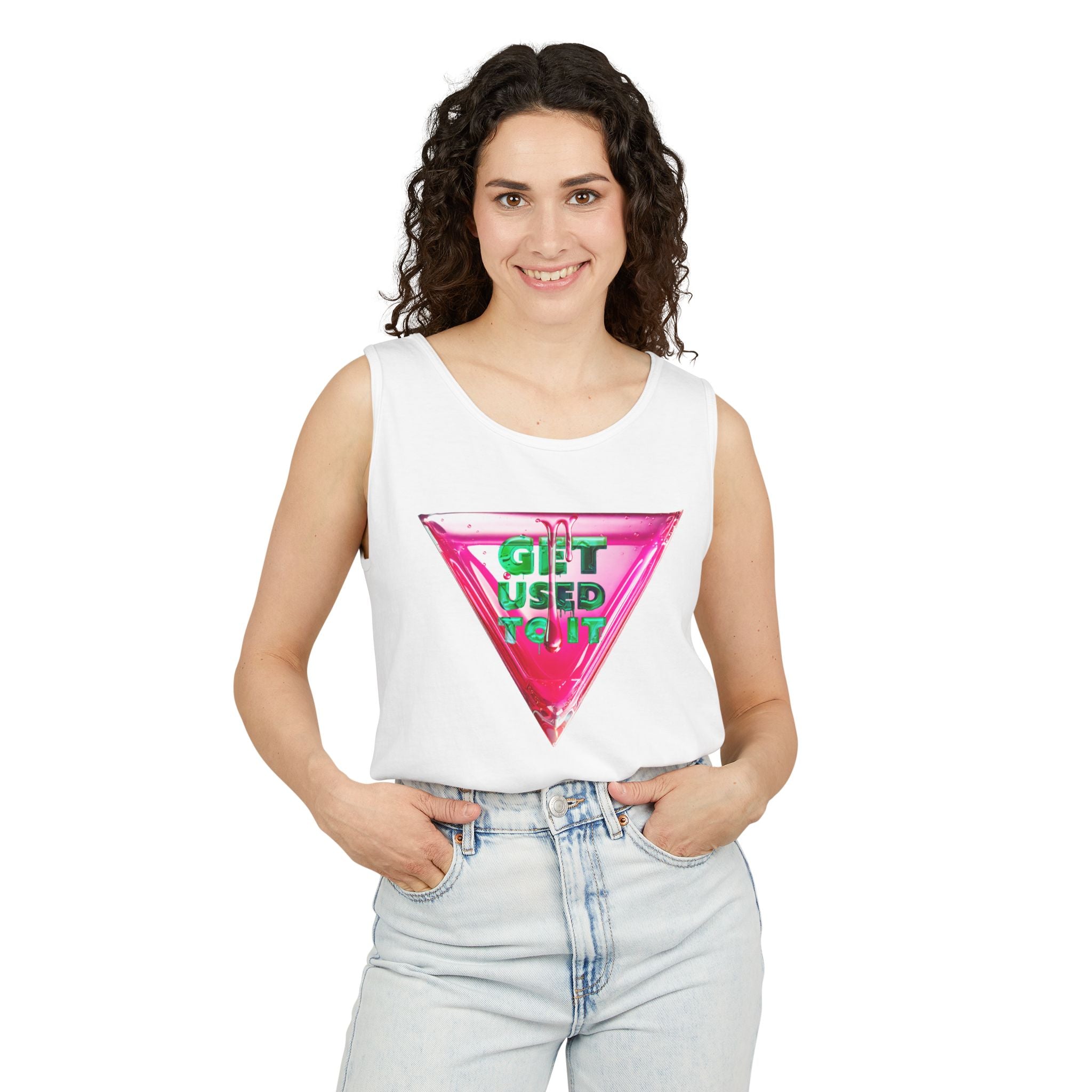 Vibrant Graphic Tank Top with 'Get Used To It' Design, Summer Wear, Gift for Friends, Casual Outfit, Beach Day Essential – Club Riot Queer Streetwear