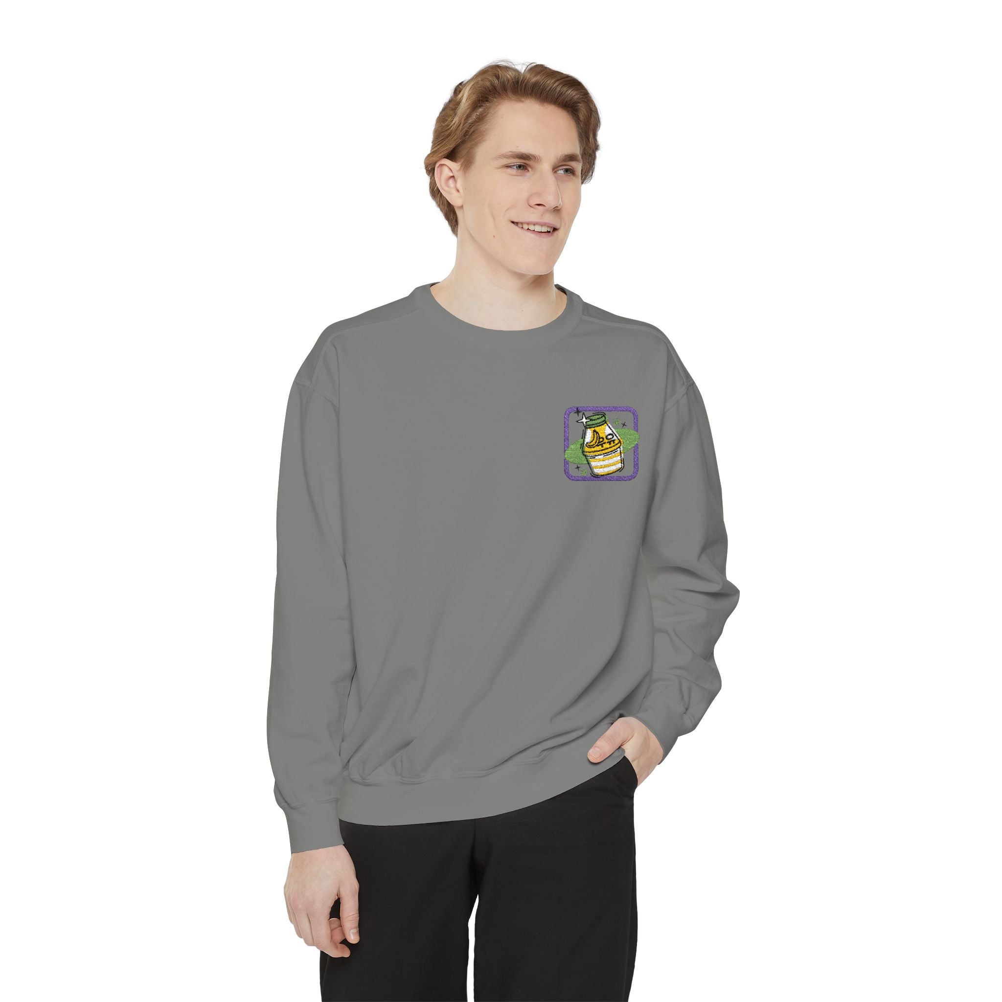 Banana Milk Embroidered Crewneck — Soft, Sweet, and Slightly Unhinged – Club Riot Queer Streetwear