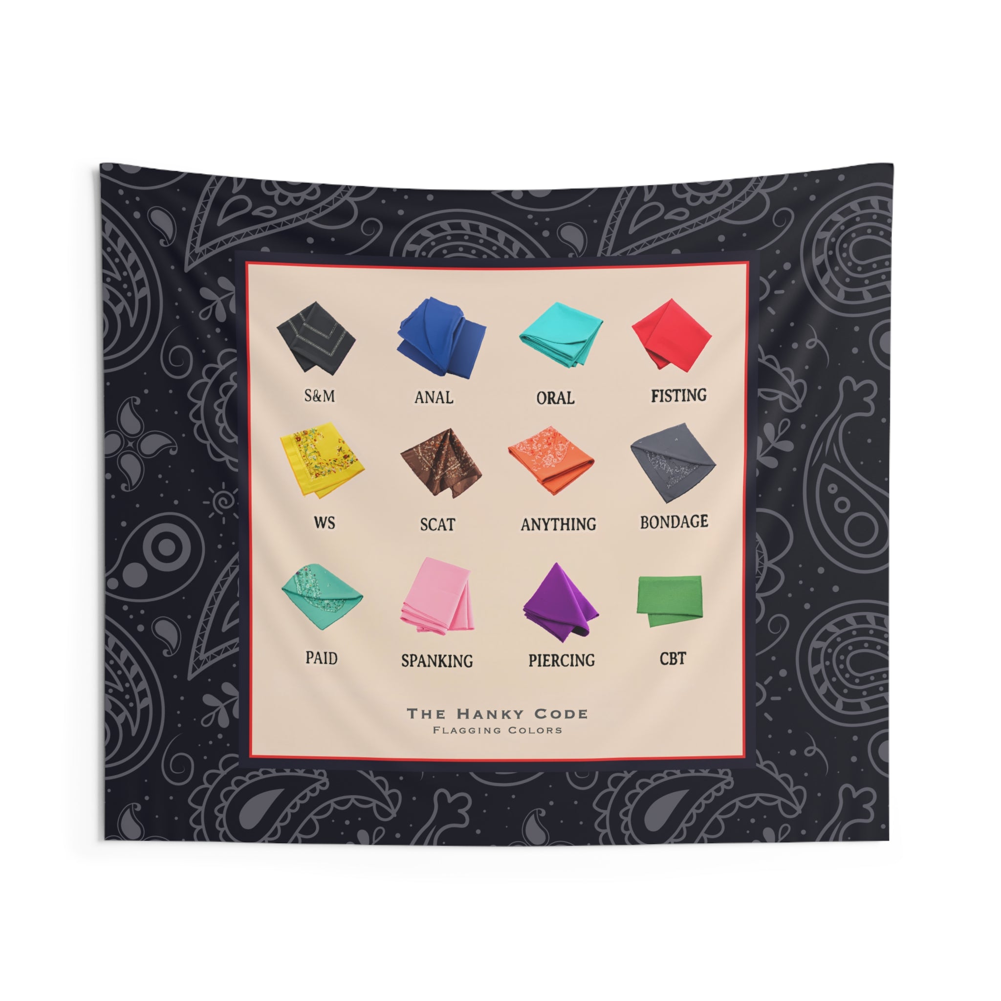 Playful Hanky Code Wall Tapestry, Bohemian Decor, LGBTQ+ Gift, Unique Bedroom Art, Colorful Tapestry for Festivals, BDSM Decor – Club Riot Queer Streetwear