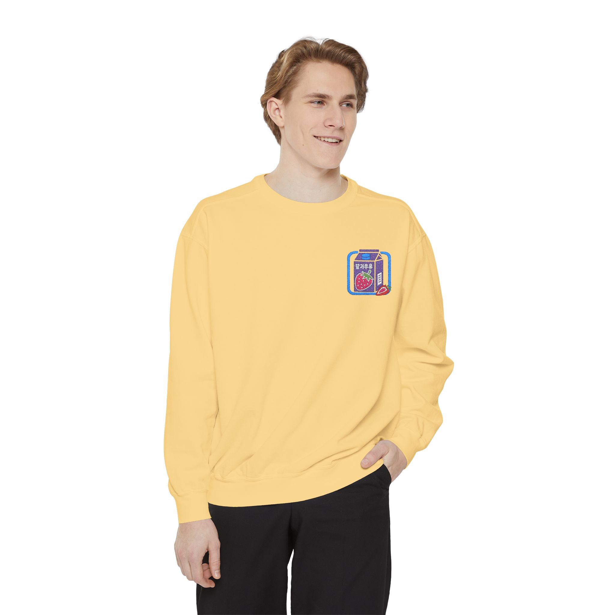 Strawberry Milk Embroidered Sweatshirt – Sweet, Soft, and Totally Berry Obsessed Crewneck Sweatshirt – Queer Streetwear Cozy Essential