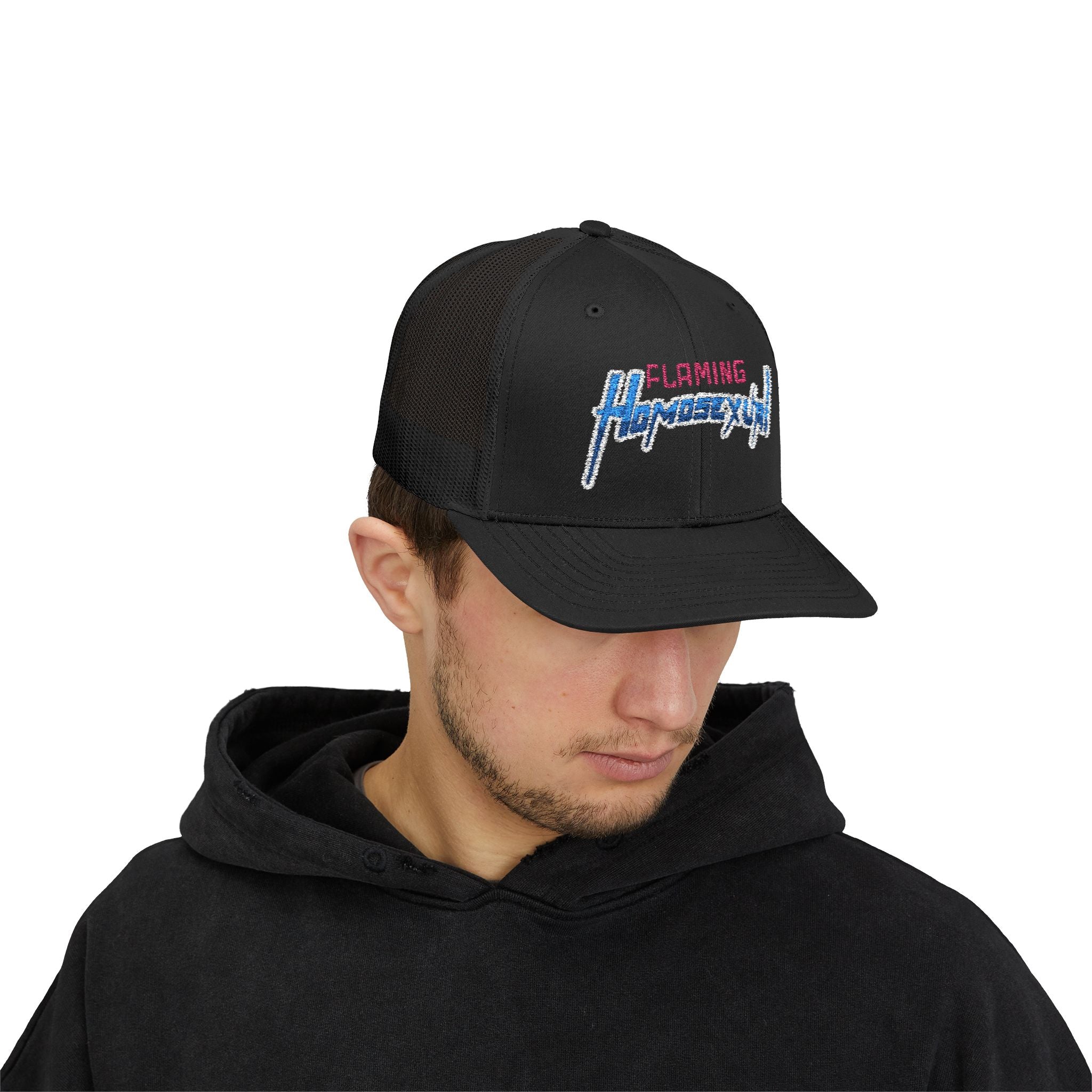 "Flaming Homosexual" Pride Embroidered Trucker Cap Snapback Trucker Cap – Embroidered Queer Streetwear Hat