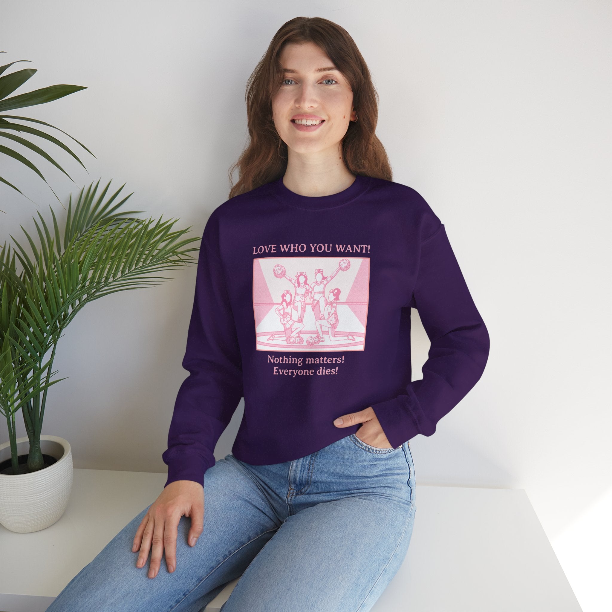 Graphic Sweatshirt Love Who You Want Dark Humor Marriage Equality Quote Crewneck Sweatshirt – Queer Streetwear Cozy Essential