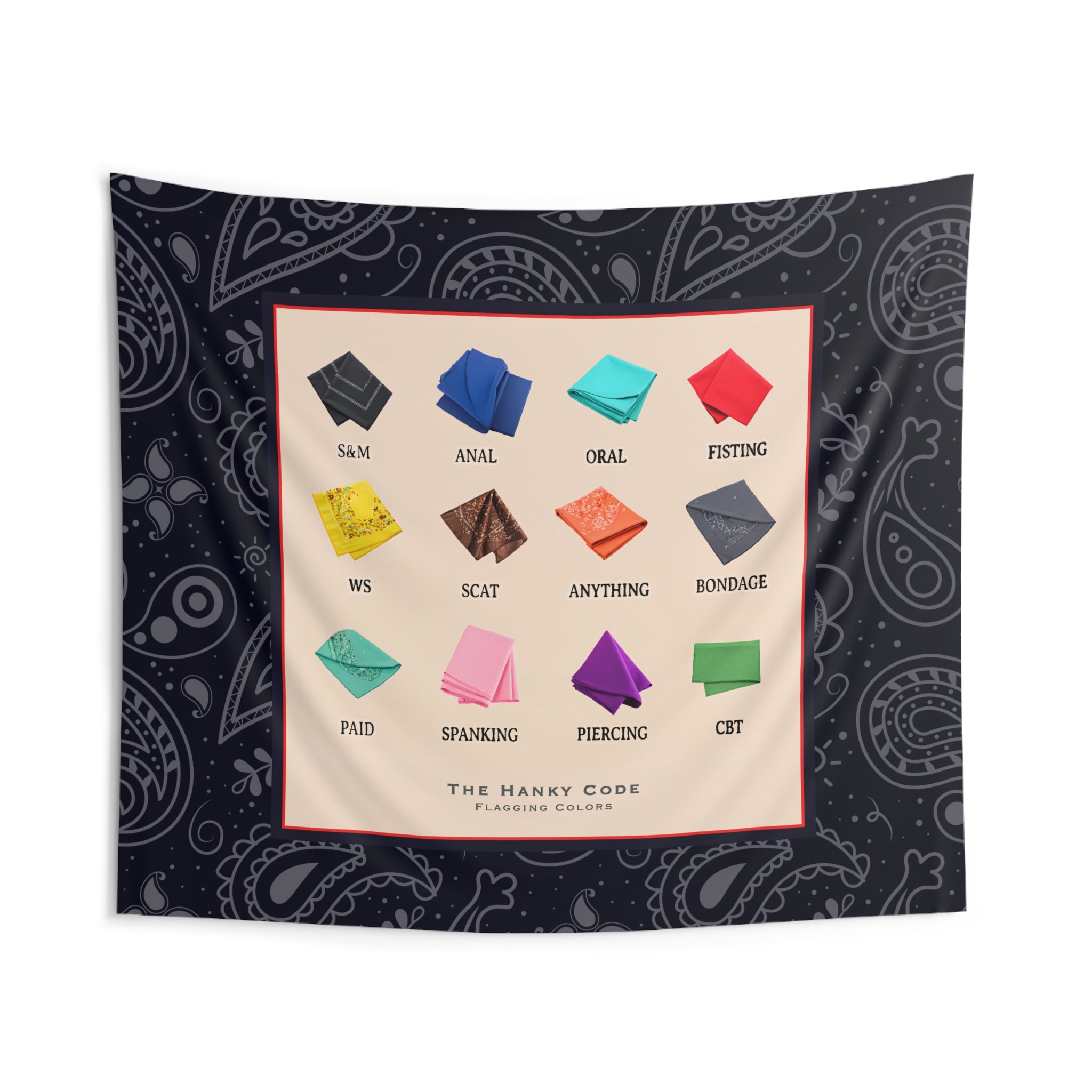 Playful Hanky Code Wall Tapestry, Bohemian Decor, LGBTQ+ Gift, Unique Bedroom Art, Colorful Tapestry for Festivals, BDSM Decor – Club Riot Queer Streetwear