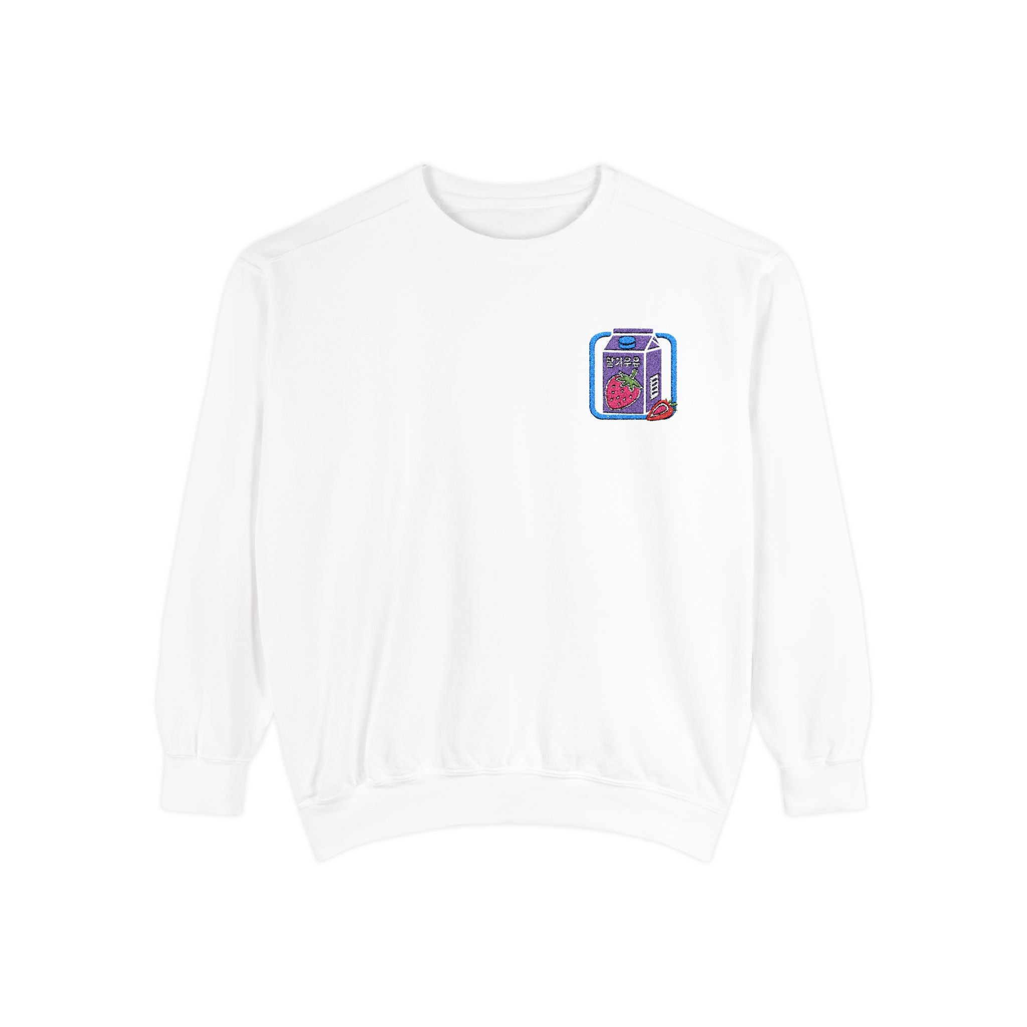 Strawberry Milk Embroidered Sweatshirt – Sweet, Soft, and Totally Berry Obsessed Crewneck Sweatshirt – Queer Streetwear Cozy Essential