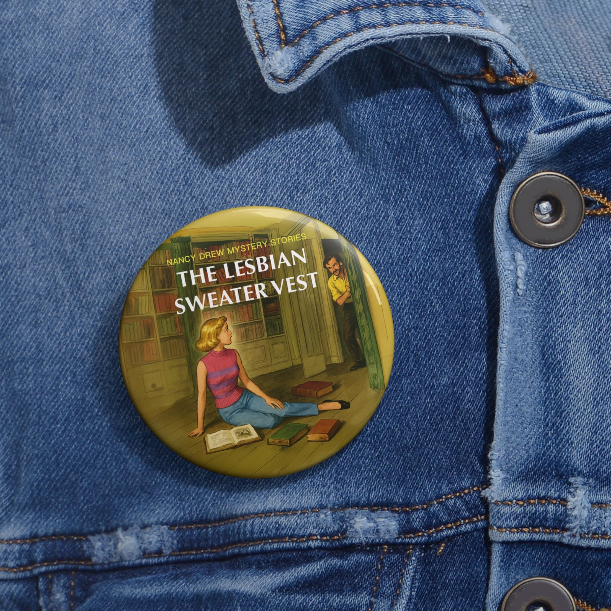 Pin Button - Nancy Drew Lesbian Sweater Vest Vintage Book Cover Parody – Club Riot Queer Streetwear