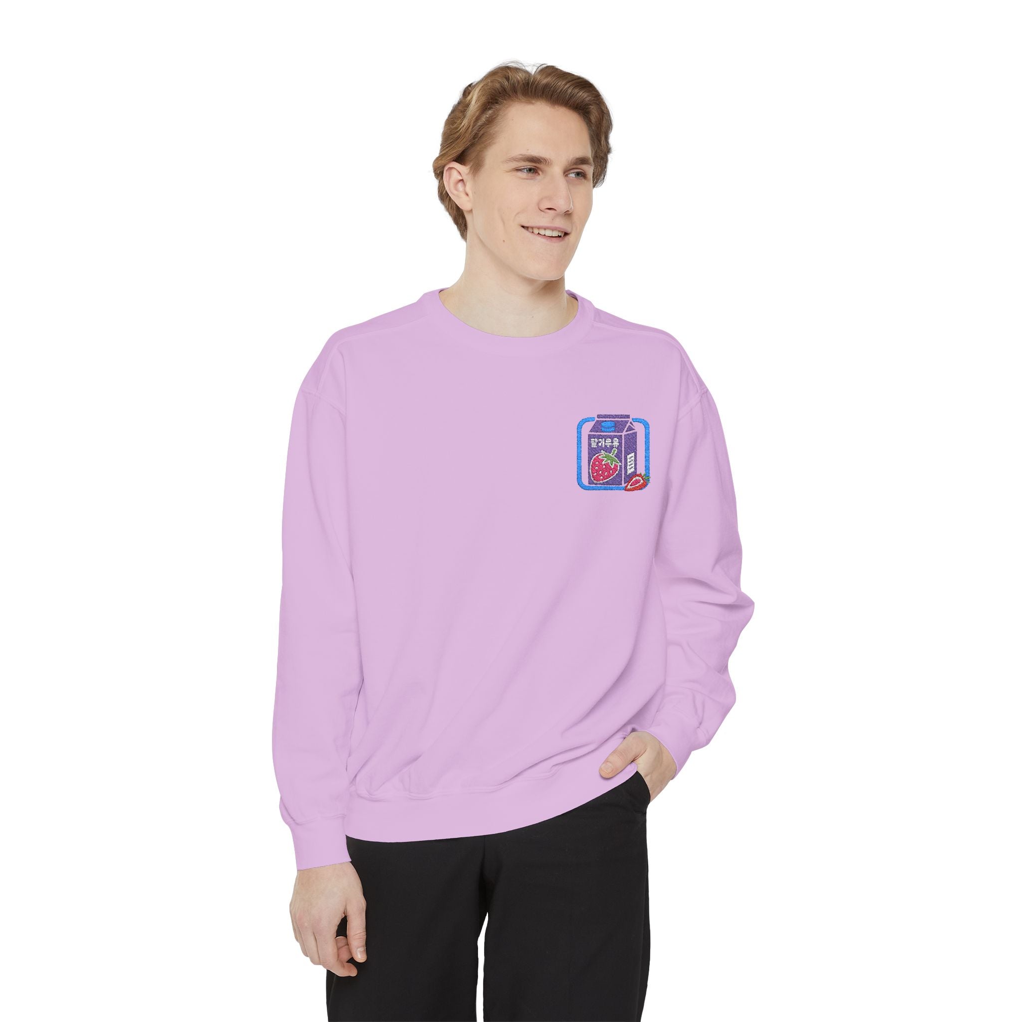 Strawberry Milk Embroidered Sweatshirt – Sweet, Soft, and Totally Berry Obsessed Crewneck Sweatshirt – Queer Streetwear Cozy Essential