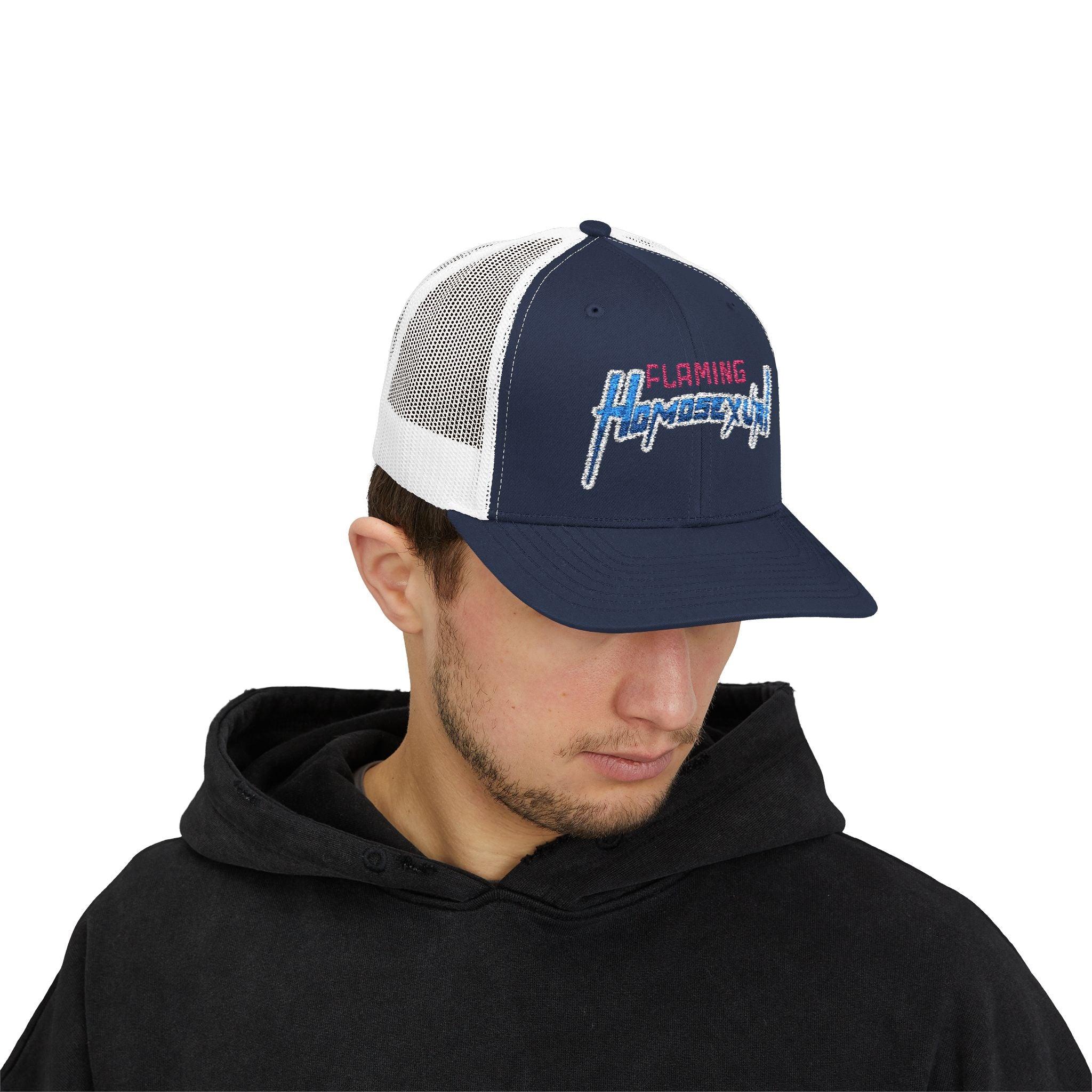 "Flaming Homosexual" Pride Embroidered Trucker Cap Snapback Trucker Cap – Embroidered Queer Streetwear Hat