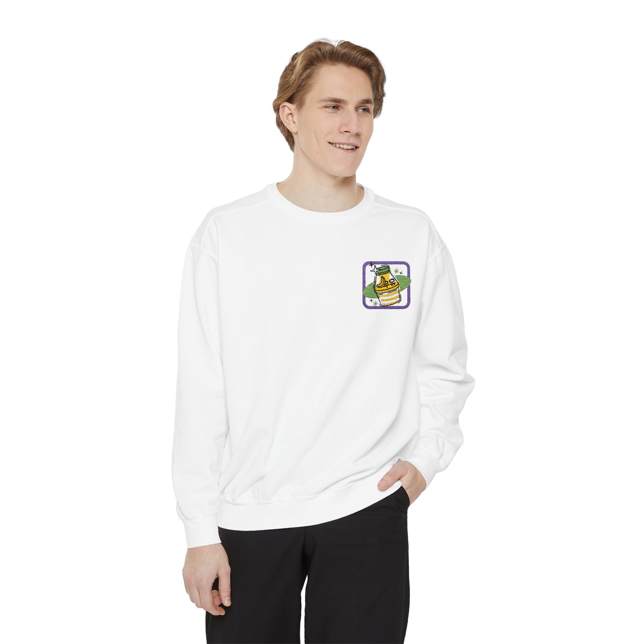 Banana Milk Embroidered Crewneck — Soft, Sweet, and Slightly Unhinged – Club Riot Queer Streetwear