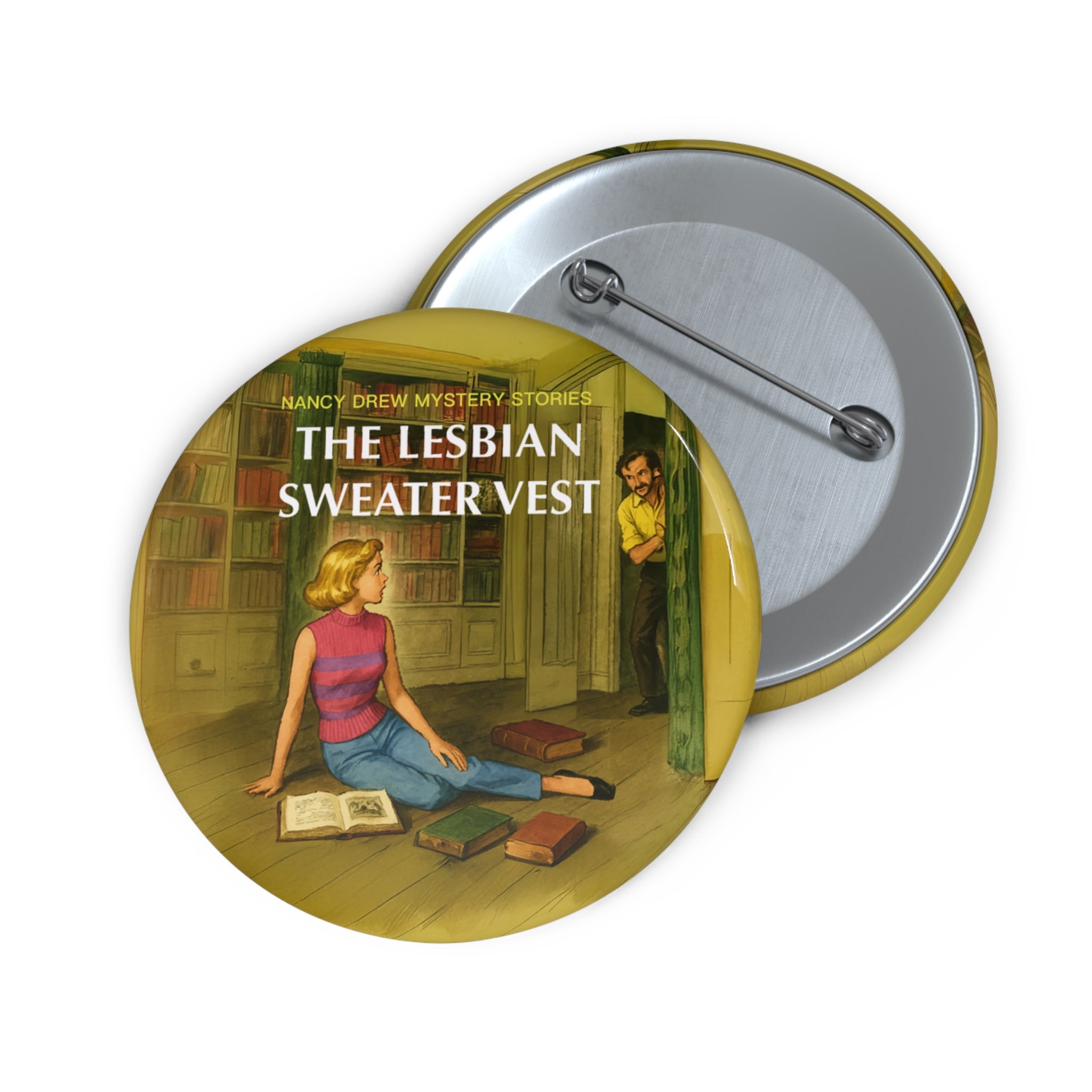 Pin Button - Nancy Drew Lesbian Sweater Vest Vintage Book Cover Parody – Club Riot Queer Streetwear