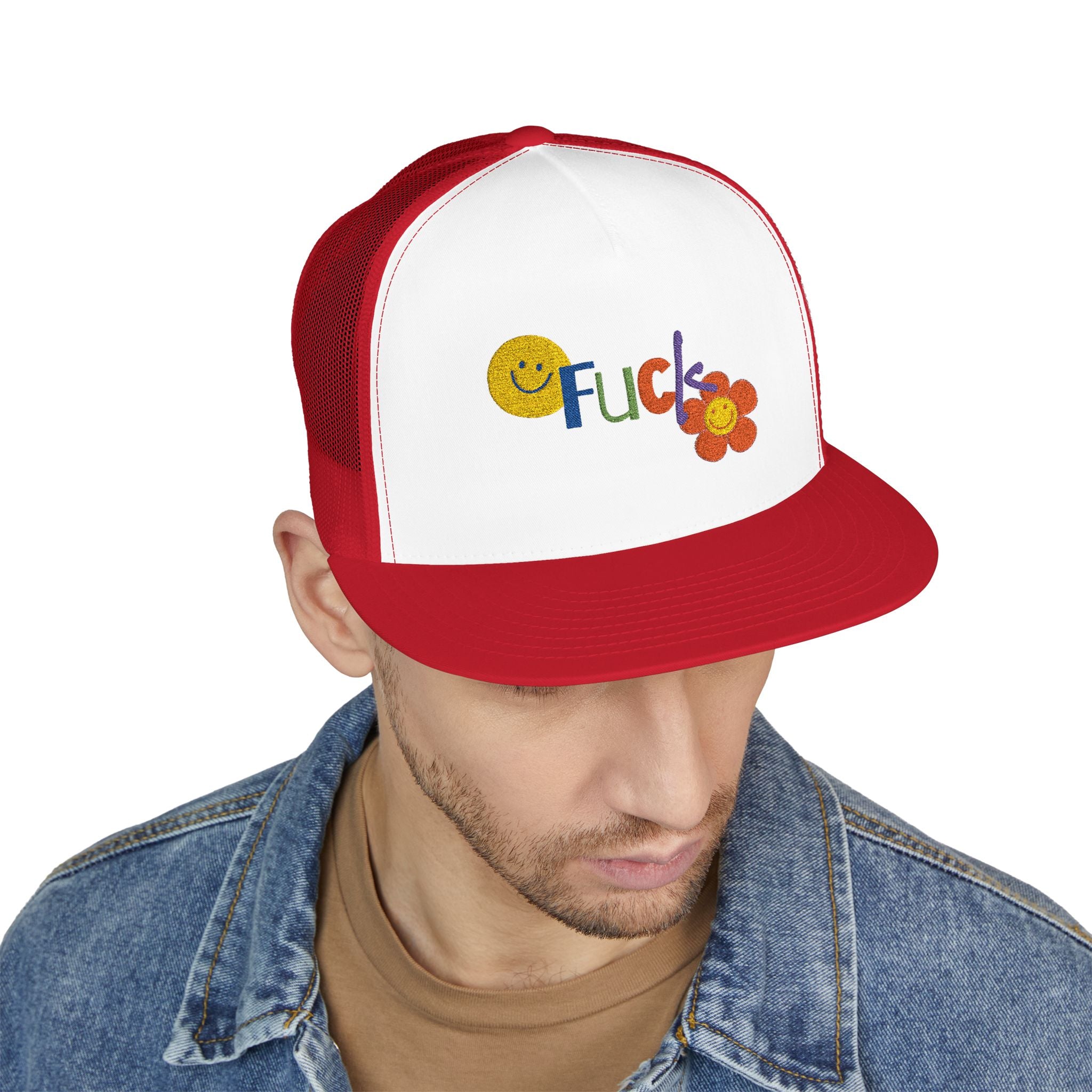 5 Panel Trucker Cap with 'We're Fucked' Embroidery, Retro Style Hat for Casual Wear, Trucking Gifts, Humorous Caps, Funny Accessory Snapback Trucker Cap – Embroidered Queer Streetwear Hat