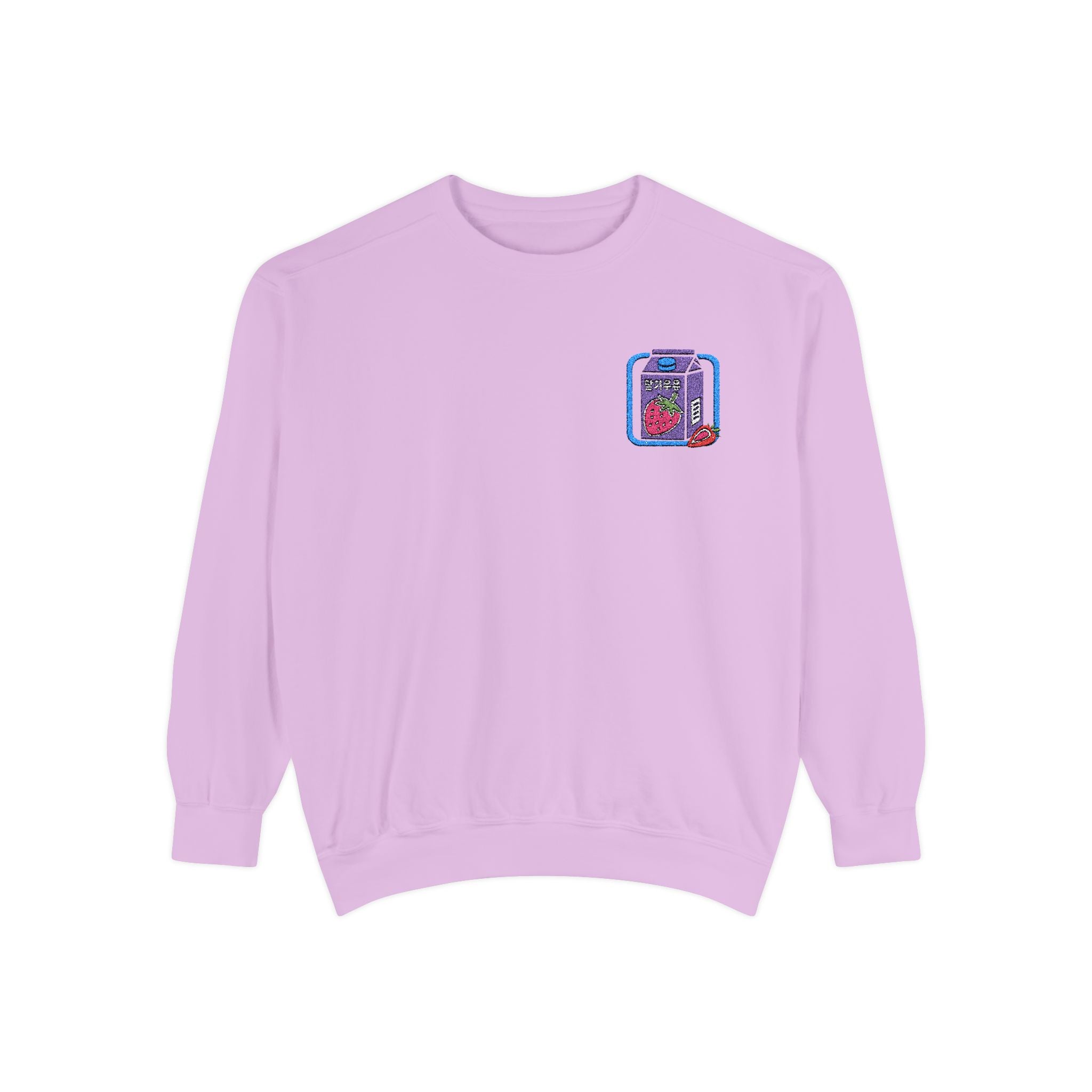 Strawberry Milk Embroidered Sweatshirt – Sweet, Soft, and Totally Berry Obsessed Crewneck Sweatshirt – Queer Streetwear Cozy Essential