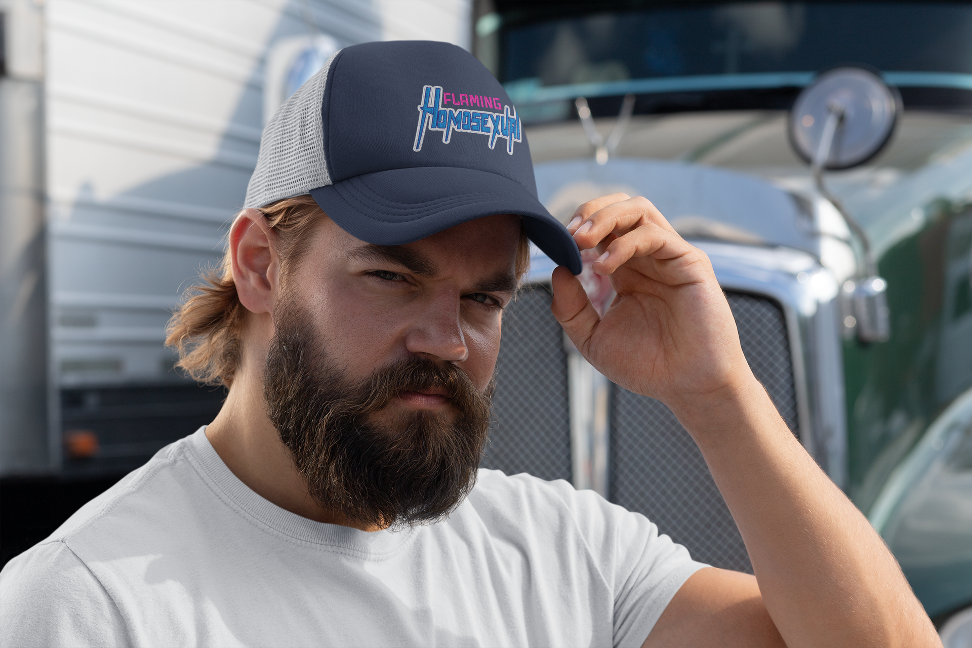 "Flaming Homosexual" Pride Embroidered Trucker Cap Snapback Trucker Cap – Embroidered Queer Streetwear Hat