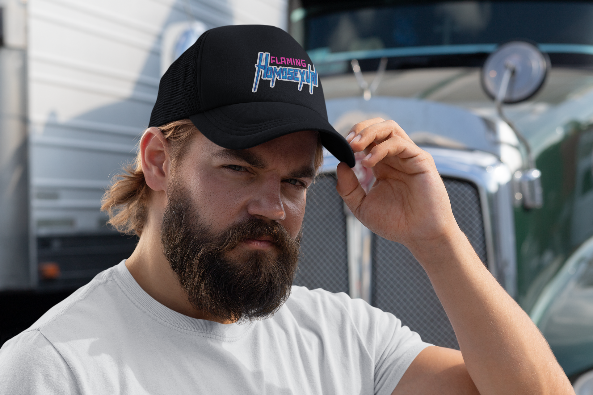 "Flaming Homosexual" Pride Embroidered Trucker Cap Snapback Trucker Cap – Embroidered Queer Streetwear Hat