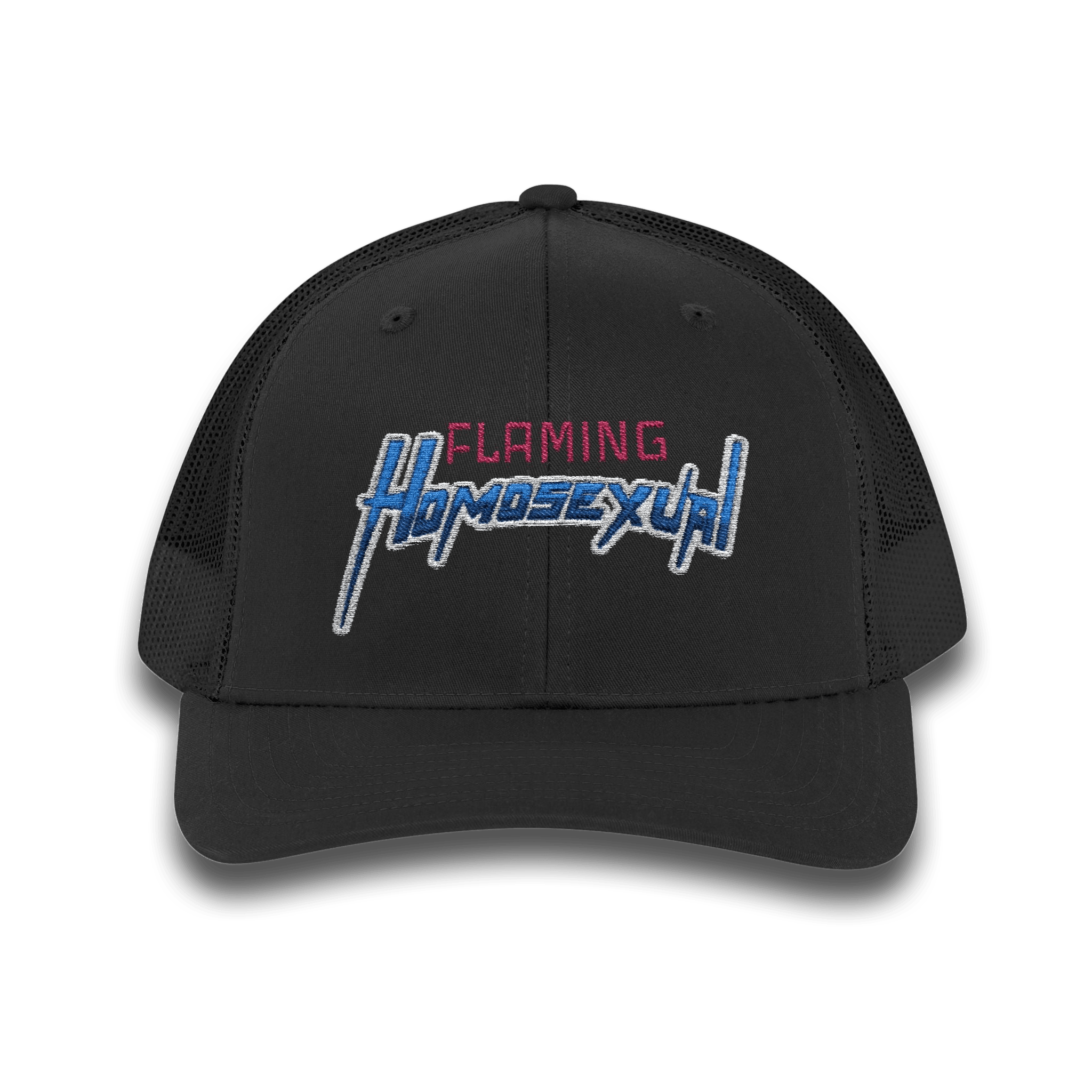 "Flaming Homosexual" Pride Embroidered Trucker Cap Snapback Trucker Cap – Embroidered Queer Streetwear Hat